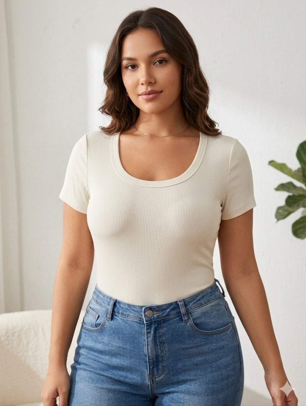 SHEIN Cream Ribbed Scoop Neck Short Sleeve Bodysuit - Slim Fit